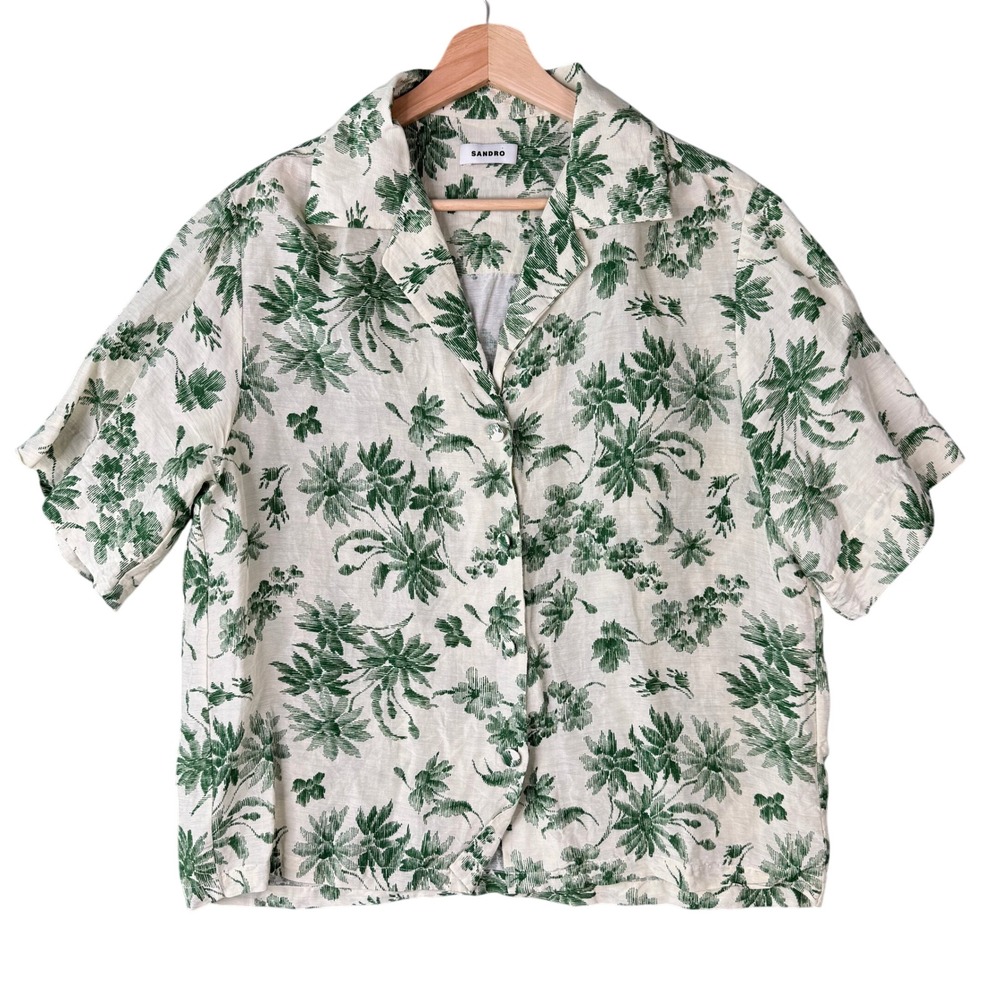 Sandro Floral Print Linen Blend Short Sleeve Shirt Green Cream SFPCM00914 Size 3